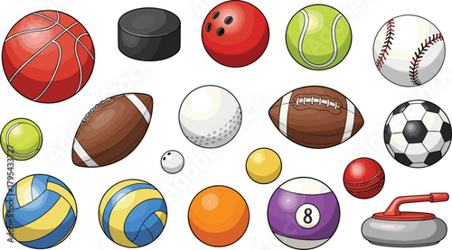 Large Vector Set of Sports Balls and Equipment: Detailed Illustrations of Basketball, Hockey Puck, Baseball, Soccer, Bowling, Tennis, Football, and Curling Stone for Athletic Designs