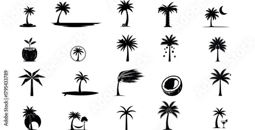 Collection of silhouette palm trees in various styles and settings for tropical and beach designs
