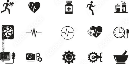 Black and white health and wellness icon collection healthcare concept