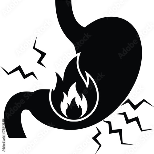 Black and White Vector Icon of Stomach with Flame and Pain Lines Representing Heartburn or Gastrointestinal Discomfort
