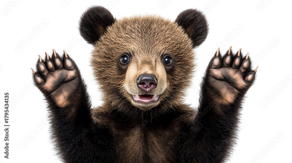Fototapeta premium Bear cub smiling with paws up, white background