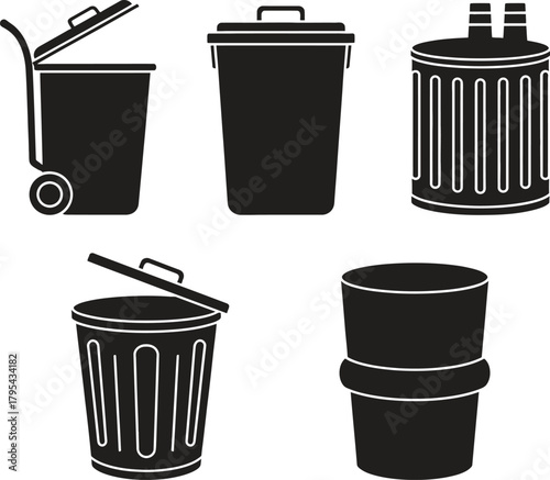 Black and white vector illustration of different types of trash cans