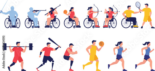 Vector Illustration Set of Diverse Athletes and Paralympic Sports: Featuring Wheelchair Fencing, Archery, Shooting, Basketball, Running, Weightlifting, and Baseball for Inclusion and Fitness Concepts