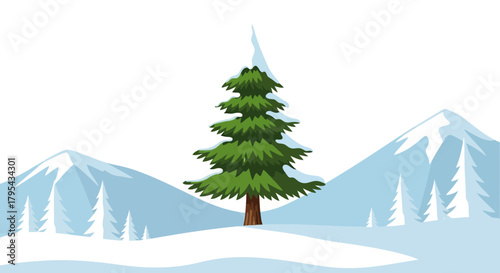 A serene winter landscape featuring a lush fir tree amidst snow-capped mountains
