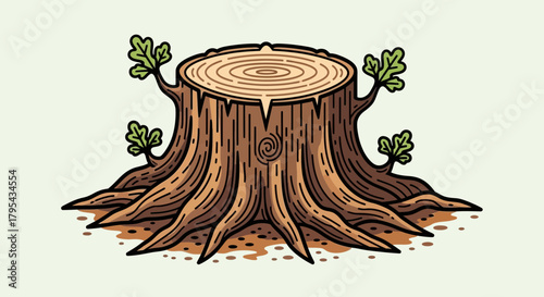 Cartoon Styled Tree Stump with Rings and Roots Growing New Leaves