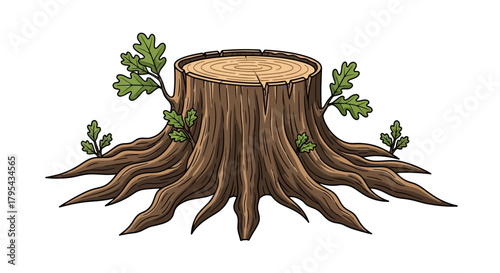 Cartoon Tree Stump with New Growth Symbolizing Resilience and Nature