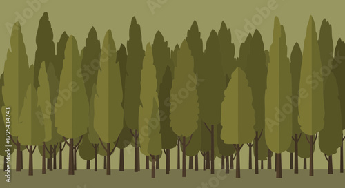 Flat Design Forest Landscape with Olive Green Trees and Subtle Variations