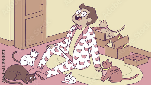 3D Man in Cat Suit Surrounded by Cats Vector