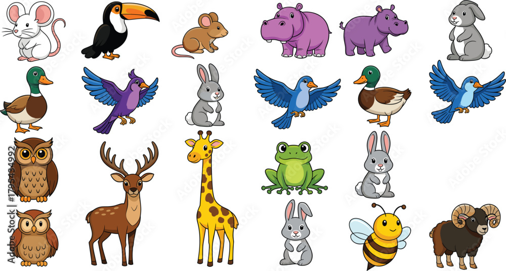 Obraz premium Large Cute Cartoon Animal Vector Collection: Diverse Illustrations of Wildlife and Birds Including Giraffe, Hippo, Deer, Toucan, Owl, Frog, Rabbit, and Bee, Ideal for Childish Designs