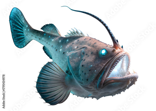 Anglerfish swimming with its mouth open wide showing its teeth in the dark deep ocean