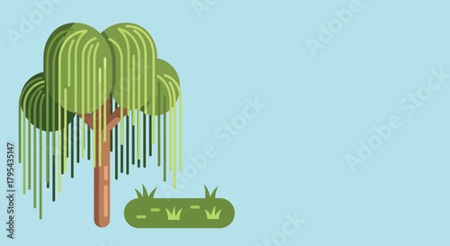 Minimalist weeping willow illustration on light blue background, idyllic scene