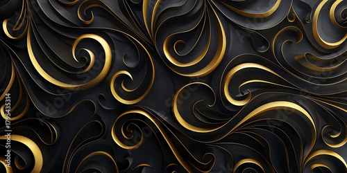 Elegant black and gold swirling abstract pattern with luxurious texture