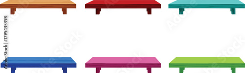 Vector Illustration Set of Low Wooden Platforms or Small Tables: Featuring Rectangular Surfaces in Various Bright Colors, Ideal for Display, Minimalist Furniture, and Japanese Design Themes