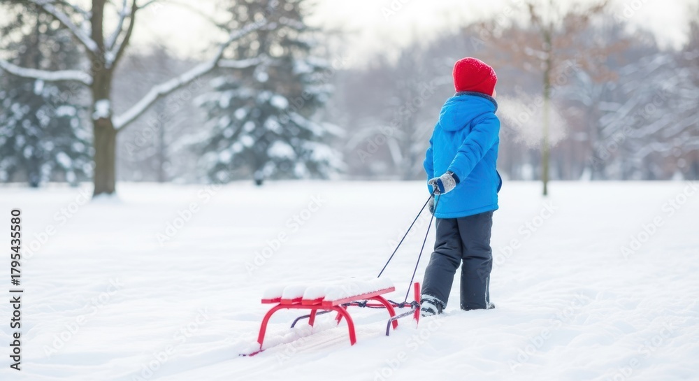 Fototapeta premium A child in a blue jacket and red hat pulling a red sled in a snowy park.