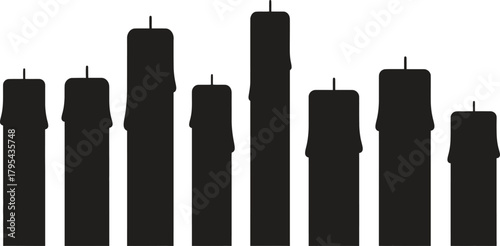 Black candle silhouettes in varying heights creating a rhythmic pattern