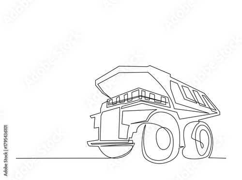 Continuous line art drawing of big mining dump truck. Mining Haul Truck in single outline illustration.
