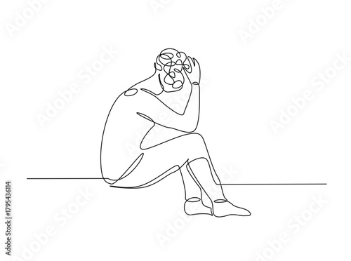 Continuous line art drawing of confusing and stressed person. Man in depression, stressed, headach draw in single outline illustration.