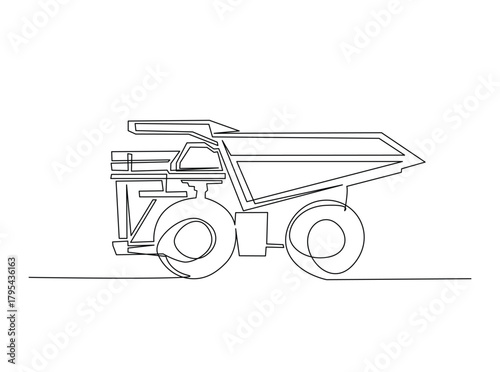 Continuous line art drawing of big mining dump truck. Mining Haul Truck in single outline illustration.
