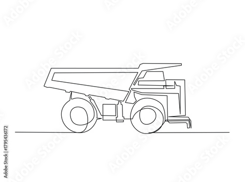 Continuous line art drawing of big mining dump truck. Mining Haul Truck in single outline illustration.