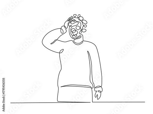 Continuous line art drawing of confusing and stressed person. Man in depression, stressed, headach draw in single outline illustration.