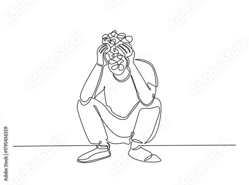 Continuous line art drawing of confusing and stressed person. Man in depression, stressed, headach draw in single outline illustration.