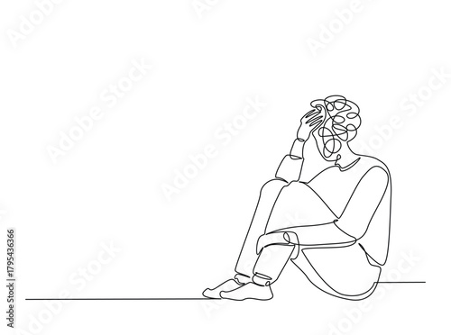 Continuous line art drawing of confusing and stressed person. Man in depression, stressed, headach draw in single outline illustration.