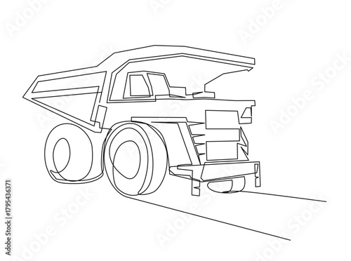 Continuous line art drawing of big mining dump truck. Mining Haul Truck in single outline illustration.