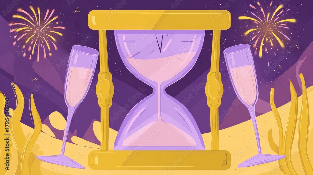 Fototapeta premium Champagne glasses clinking at midnight countdown with glowing fireworks and festive holiday celebration