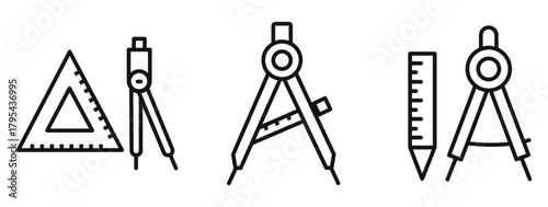 Ruler and Compass Icon Set – Outline and Minimal Tools for Measurement, Geometry, and Education Design