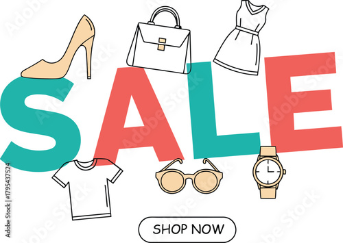 Sale announcement with fashion items and a shop now button on a white background shopping