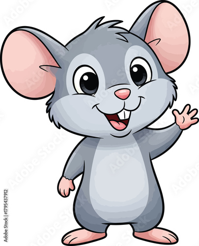 A cute gray cartoon mouse character with big pink ears smiling cheerfully and waving its hand.