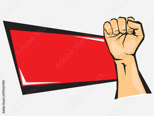 Illustration of a raised fist next to a blank red banner