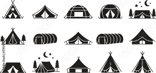 Camping Tent Icon Collection Variety of Outdoor Shelter Designs Vector Illustration
