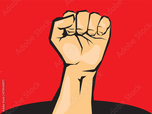 Raised fist on excited red background