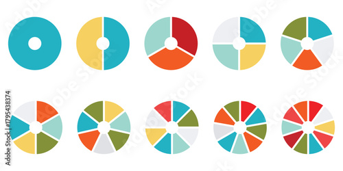 Pie charts diagrams. Different color circles isolated. Infographic element round shape. Vector