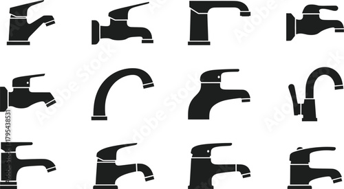 Collection of Black Silhouette Water Tap Faucet Designs on White Background