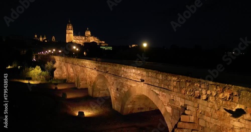 Aerial View of  The city of Salamanca, Spain, with the Roman Bridge