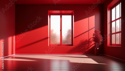 a minimalist red room with a single window casting geometric shadows creating a warm modern ambiance with striking contrasts of light and shadow