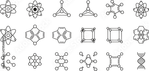 Collection of various atom and molecule structure outline vector icons
