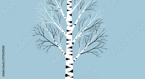 Stylized birch tree against a muted blue backdrop creates minimal aesthetic
