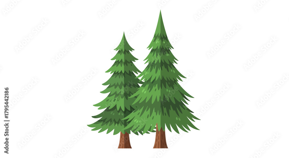 Fototapeta premium Two Stylized Pine Trees Stand Tall in a Minimalist Forest Illustration