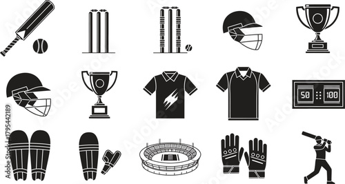 Cricket equipment set in monochrome vector illustration showcasing sport elements