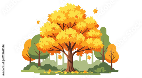 Vibrant autumnal landscape illustration with golden deciduous trees and foliage