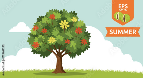 Vibrant chestnut tree with colorful flowers under sunny summer sky scenery