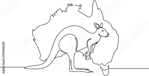Minimalist kangaroo and Australia map line illustration—continuous stroke wildlife and geography graphic for national identity and design assets
