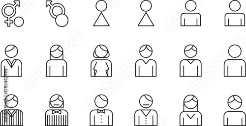 Diverse icon set representing various identities genders and occupations in simple style