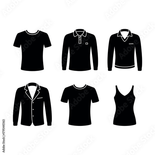A collection of men's and women's clothing items is depicted in silhouette.