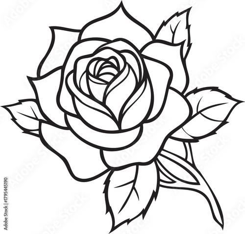 Detailed single red rose with thorns and fresh green leaves, isolated on white