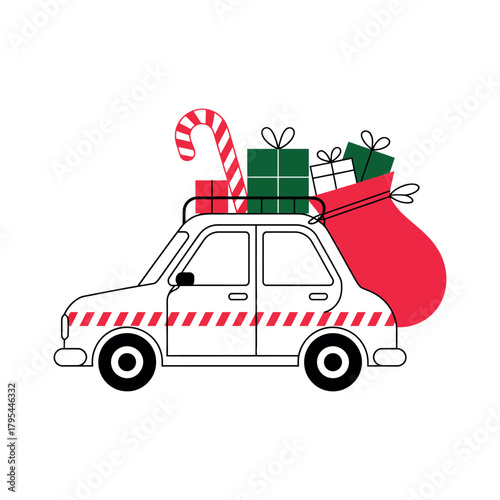 A stylized car carries a sack of gifts and a candy cane for holiday delivery.