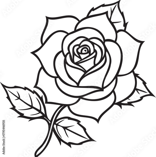 Single red rose with visible thorns and rich green leaves, isolated